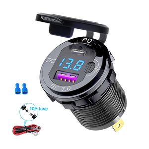 12V/24V Aluminium Metal Car Motorcycle USB Charger Socket Type C QC3.0 Quick Charge Waterproof with Voltmeter Switch