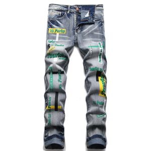 Dżinsy Mężczyźni Slim Fit Letters Drukowane proste motocyklowe spodnie dżinsowe duże rozmiary Motocycle Męskie spodnie dla mężczyzn dla mężczyzn