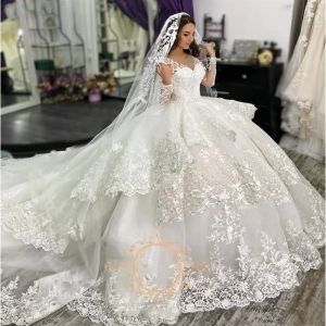 Ballkleid Wunderschöne Brautkleider Brial Gown gegen Hals Langarmige Stufe Rüschen Spitzen Applikat Sweep Zug maßgeschneiderte Vestidos de Novia Estidos