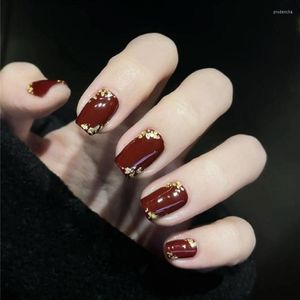 False Nails 24pcs Marca quadrada Dica de vinho tinto Design Artificial Fake With Glue Press