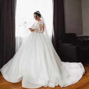 Dubai Arabic Plus Size A Line Wedding Dresses Bridal Gowns Pleats Court Train Long Sleeve V Neck Lace Appliqued Boho Country Style Bride Dress vestidos de novia