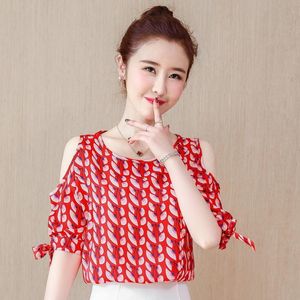 Women's Blouses & Shirts Women's Spring Summer Style Chiffon Shirt Printed O-neck Off Shoulder Bow Half Sleeve Elegant Tops SP8704Women'