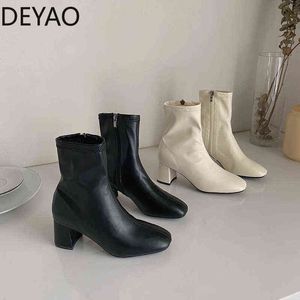 Botas finas do tornozelo de outono para mulheres 2022 Praça Toe elegante botas curtas zíperes de couro macio Lady Fashion Sapatos de salto médio y220817