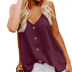 T-Shirt da donna Top da donna Maglietta estiva Bottone con scollo a V Sexy Vest Sling Canotta Senza maniche Tees Ladies Female Haut Femme