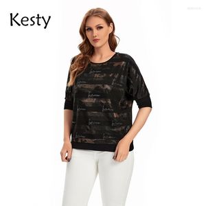 Women's T-Shirt Women's Plus Size Spring Cotton Short-sleeved Zipper Tape Sequin Top Crew Neck Elastic Loose TopWomen's Phyl22