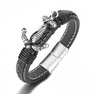 Men Anchor Leather Bracelet Link Multilayer Cuff Wrapped Rope Wristband Black Cord Wrist Band Rope Bangle Jewelry Magnetic Clasp