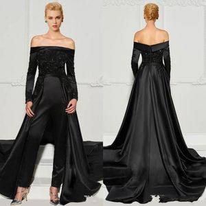 2022 Black Lace Jumpsuits Evening Dresses With Detachable Train Off The Shoulder Beaded Formal Gowns Long Sleeves Sequined Prom Dress BC13151 B0417Q