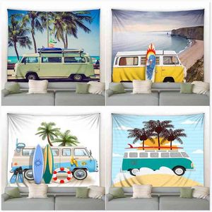 Autobus Palma Spiaggia Arazzo Oceano Decorativo Appeso a parete Tappetino da picnic Coperta Tema Hotel Hippie Camera da letto Boho Home Room Decor J220804