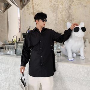 Masculino japão harajuku streetwear vestido solto camisas de homens cordão de cordão manga comprida casual branco camisa de camisa masculina