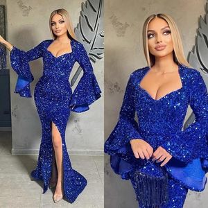 2022 Königsblaue Pailletten Meerjungfrau Abendkleider Lange Ärmel Frontschlitz Party Nacht Gala Kleid Formelles Partykleid Anlass Abschlussballkleid