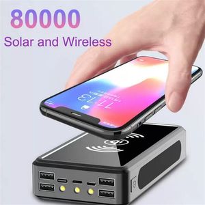 80000mAh Wireless Solar Power Bank Portable Phone Fast Charging External Charger Backup Battery PowerBank 4 USB LED Lighting for Xiaomi iPhone With Retail box