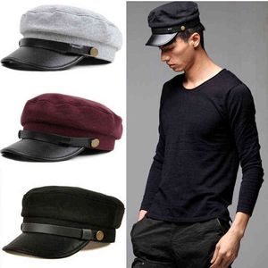 Läderkant Buckle Solid Color Navy Military Cap Student Hat For Women Men Manlig kvinnlig retro baskagonal Cap Sailor J220722