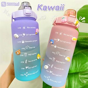 2L Large Capacity Water Bottle With Bounce Cover Time Scale Reminder Frosted Cup Cute Stickers For Outdoor Sports Fitness 220809