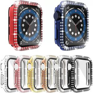 Double Row Diamond Watch Case For Apple Watch 38mm 40mm 41mm 42mm 44mm 45mm PC Integrated Tempered Glass Film Full Screen Women Protector Cover Iwatch Series 7 6 5 4 3