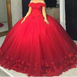2022 3D Kwiatowa suknia balowa sukienki Quinceanera z ramion Tiul Lace Up Back Princess Sweet 16 Sukienka Prezenta