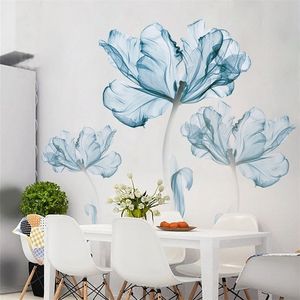 Neue 110180 cm große 3D blaue Blume Wohnzimmer Dekoration Vinyl Wandaufkleber DIY moderne Schlafzimmer Home Decor Poster Wandkunst T200111