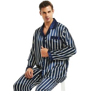 Męskie jedwabne satynowe piżamę Zestaw piżamowy PJS Sleepwear Loungewear S Striped LJ201113