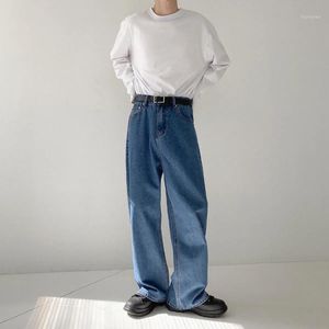 Jeans masculino 2022 estilo retrô jeans lavado reto casual calças soltas perna larga moda na moda calças folgadas de cor azul