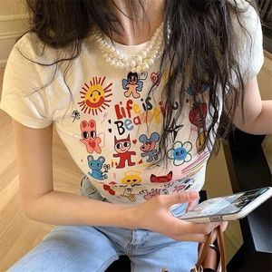 Y2K Эстетическая мультипликационная мультипликация припечатка Doodle Fun Женщины сексуальная футболка Harajuku Black Streetwear Girl Slim Vintage Graphic Olde Crop Top 220511