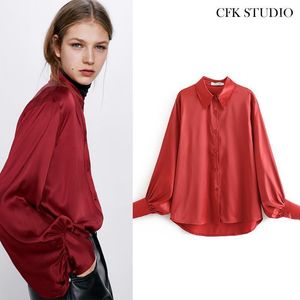 Camicetta da donna con colletto rovesciato Camicia elegante a maniche lunghe ampia e solida Femme Camicette da donna in chiffon di seta rossa rossa Camicie