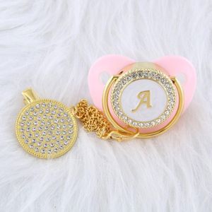 Pacifiers Letter Name Initial Baby Pacifier And Clip BlingBling Pink Rhinestones Soother Lollipop Chupeta Sucette Shower GiftPacifiers