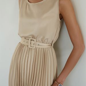 BerryGo Elegant khaki sleeveless A-line pleated maxi dress women Fashion O-neck high waist work Solid summer vestidos 220426