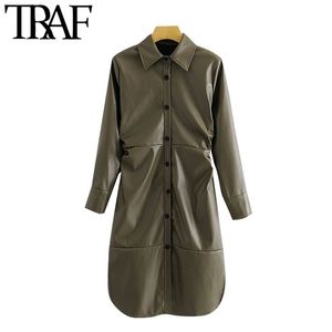 TRAF女性シックなファッションフェイクレザードレープミディドレスビンテージ長袖ボタンアップサイドベントメスドレスMUJER 210319