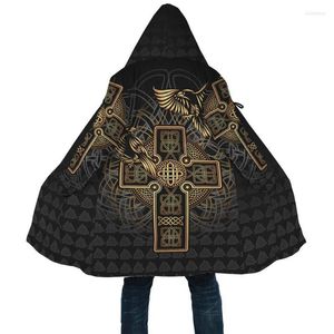 Men's Wool & Blends Viking Style Cloak - Odin's Raven Tattoo 3D Printed Hoodie For Men Women Winter Fleece Wind Breaker Warm Hood Viol22