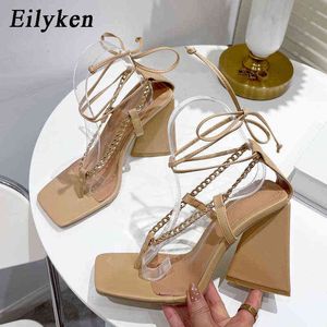 Sandaler Eilyken Sexig Lace Up Chain Women Square Toe Cross Bundet Heels High Pumps Stripper Shoes 220317