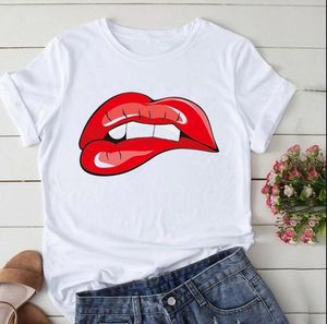 2022Short sleeve women's casual round neck pullover summer new white T-shirt with sexy lip pattern flannel shirts for women