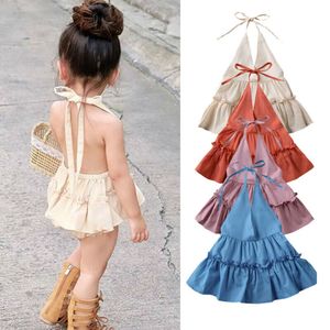 Sommer Säugling Baby Mädchen Strampler Kleid Kleidung Rüschen Solide Ärmellose Gürtel Tiefem V-ausschnitt Overall Outfits Sunsuit 220525