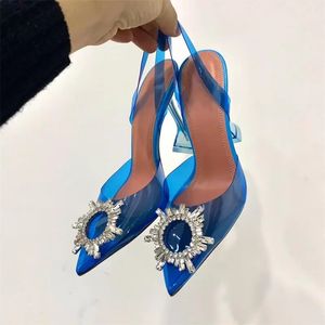 Crystal SANDALS Cup High Heel Pumps Women Rhinestone Sunflower Shoes Pointed Toe Slingback Transparent pvc Sexy Party Dress