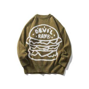 Cool Design Cartoon Hamburger Jacquard Vintage Uomo Elegante maglione lavorato a maglia Senape Verde Casual Kpop Donna Pullover Ropa Hombre T220730