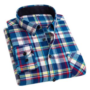 Aoliwen Brand Men 100% Cotton Flannel Cversized Plaid Long Sleeve Shirts For Button Up Blouses And Camisa Hombre 220330