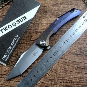 TWO SUN TS43 Flipper Folding Knife D2 Satin Blade Gift Daily Hunting Outdoor Colorful Coating Titanium Handle Gears Survival Tool