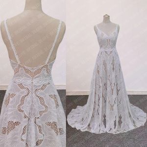 2022 Boho Full Lace Wedding Dress Backless Spaghetti Straps Vintage Bridal Glows Original Design