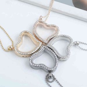 Glas flytande charm hänge halsband locket charm silver hjärtat diamant halsband legering legering strass smycken för valentin gåva