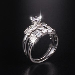 Cluster Rings Fashion Princess-cut Six Claw 1.2ct Diamond Set 2-in-1 Luxury 10KT White Gold Cocktail Wedding For Women JewelryCluster