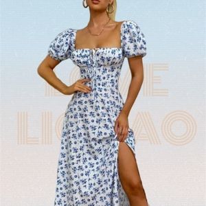 Ditsy Floral Print Puff Sleeve Tie Front High Split Dres Ruched Drawstring Party Long Dress Vestidos Sundress 220530