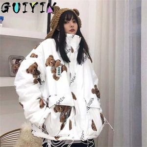 Winter Womens Wadded Parka Print Printage Prints Loose Japonês de alta qualidade Capuz de colarinho de peles Casas femininas Moda Mulheres 211120