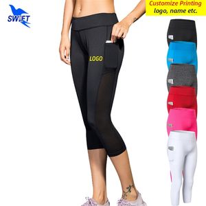 Anpassa kvinnor Capris Yoga Pants With Pockets Compression Running Tights Sport Gym Fitness Jogging 3 4 Leggings Sportwear 220704