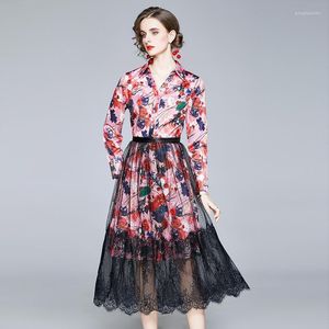 Sıradan Elbiseler 2022 Bahar Pist Tasarımcıları Kadın Çiçek Baskı Gömlek Dantel Elbise Takım Uzun Kollu Giysiler Zarif Vintage Mii Party Vestidos