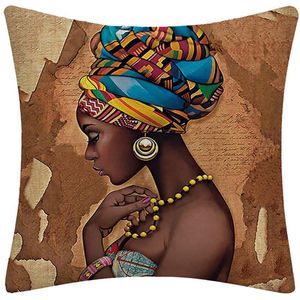 クッション/装飾枕アフリカ美しい女性フェイクリネンソファケースシグルサイド漫画イエローブラウンクッションカバーカーファームハウスホームデコ