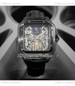 XL 100 A23J Automatisk månfas Tourbillon Mens Watch PVD All Black Steel Skeleton Dial Stick Number Markers Leather Strap Watches Puretime F10a1