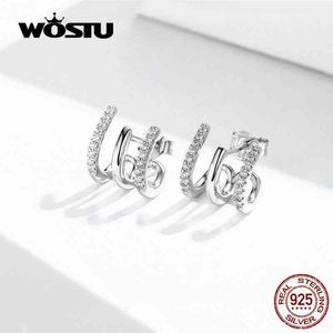 Wostu Three Layer Twisted Design Stud Sterling Silver Rotation Square Zircon Fashionörhängen för kvinnor FIE585