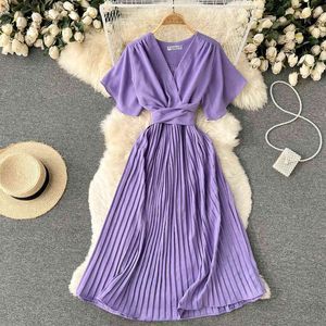 2022 v neck Vintage pleated chiffon Dress Summer Party Long bandage dress Women slim waist beach holiday elegant tunic Dresses Y220413