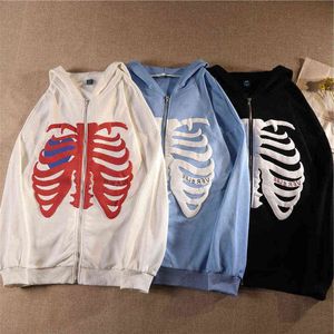 Y2K Harajuku koreansk stil Loose Skeleton Zip Up Hoodie Goth Grunge Långärmad Huvjacka Retro Svart Oversized Sweatshirt