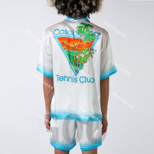 Casablanca 23ss Designer Button Up Shirts White Blue Cactus Tennis Court Male and Female Hawaiian Short Sleeve Shirt Casablanc