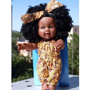 12inch African American Doll Black Baby Girl Figures With Head Band Orange Rompers Play Dolls For Kids Perfect Gift J