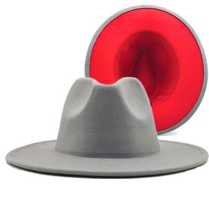 gri kırmızı patchwork yün hissedilen caz fedora şapka kadın unisex geniş ağzına kadar panama parti trilby kovboy cap erkekler beyefendi düğün şapkası xl 220607